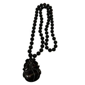 Vintage Chinese Black Onyx Beaded Necklace With Carved Peach Pendant 26"L